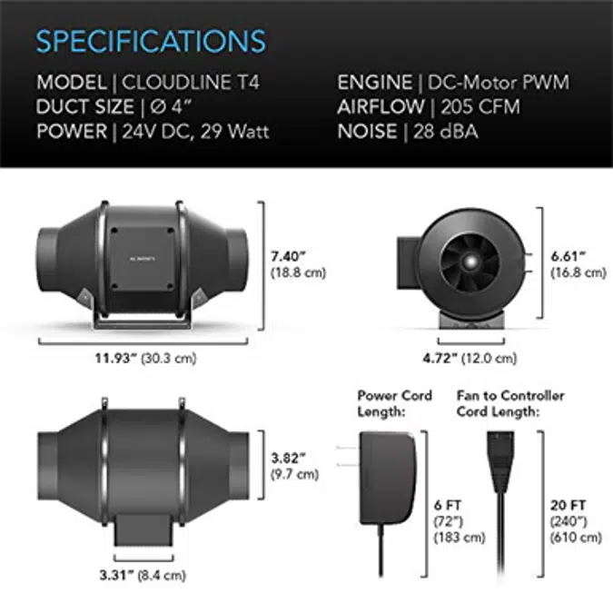 AC Infinity CLOUDLINE T4, Quiet 4” Inline Duct Fan with Temperature Humidity Controller - Ventilation Exhaust Fan for Heating Cooling Booster, Grow Tents, Hydroponics