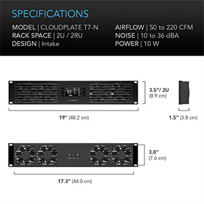 AC Infinity CLOUDPLATE T7-N, Rack Mount Fan Panel 2U, Intake Airflow, for cooling AV, Home Theater, Network 19” Racks