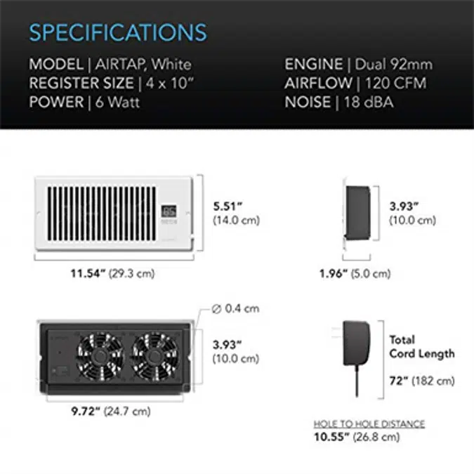 AC Infinity AIRTAP T4, Quiet Register Booster Fan with Thermostat Control. Heating Cooling AC Vent. Fits 4” x 10” Register Holes.