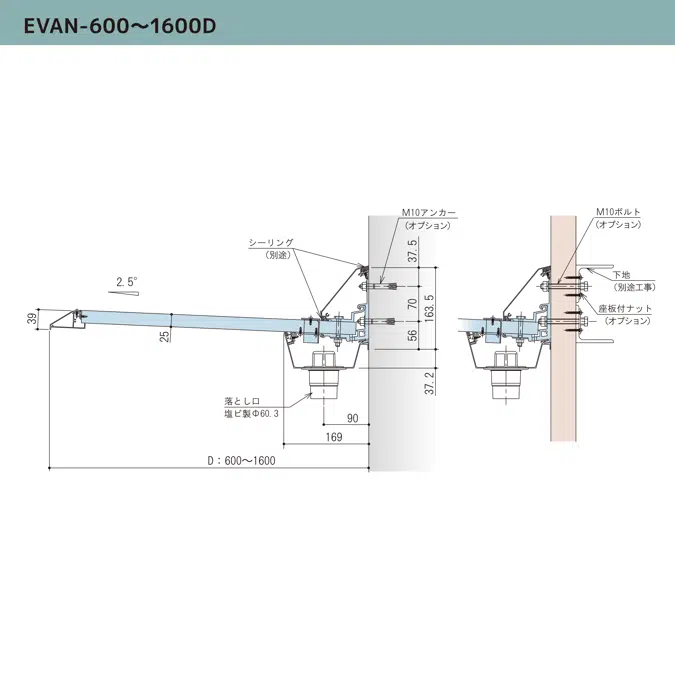 アルミひさし アイラッシュ EVAN/逆勾配庇 スリムシリーズ アームレスタイプ 出幅600～1600