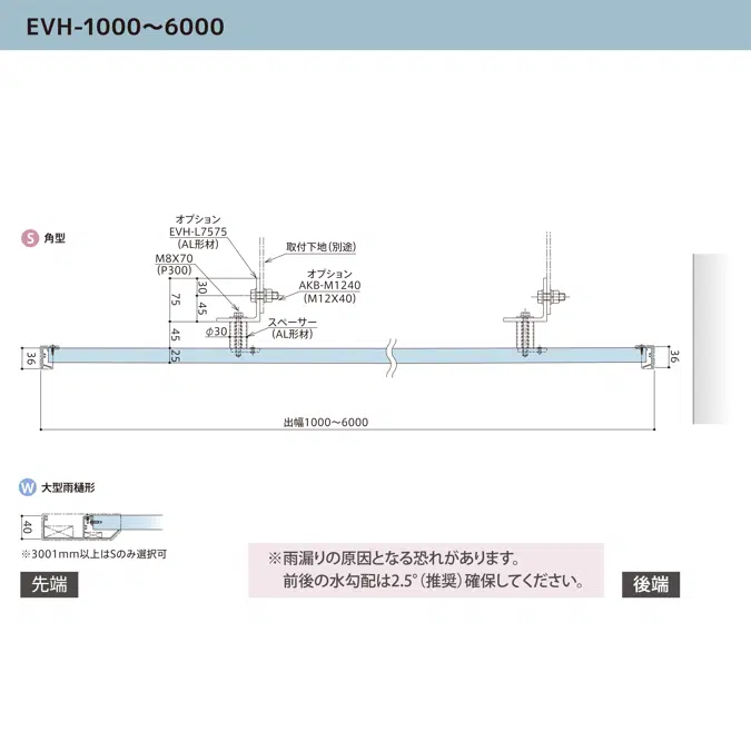 アルミひさし アイラッシュ EVH/吊り下げ庇 スリムシリーズ  出幅1000～3000