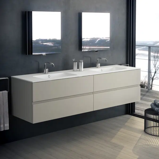 MOD 200,5 cm 4-drawers cabinet with glossy double sinked washbasin