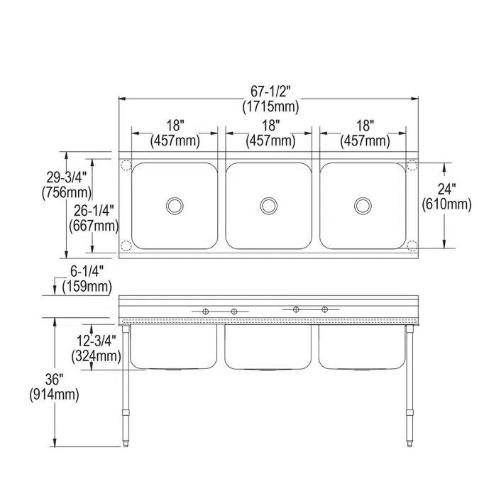 RNSF83544 Elkay Rigidbilt® Stainless Steel 67-1/4" x 29-3/4" x 12-3/4" Floor Mount Triple Compartment Scullery Sink