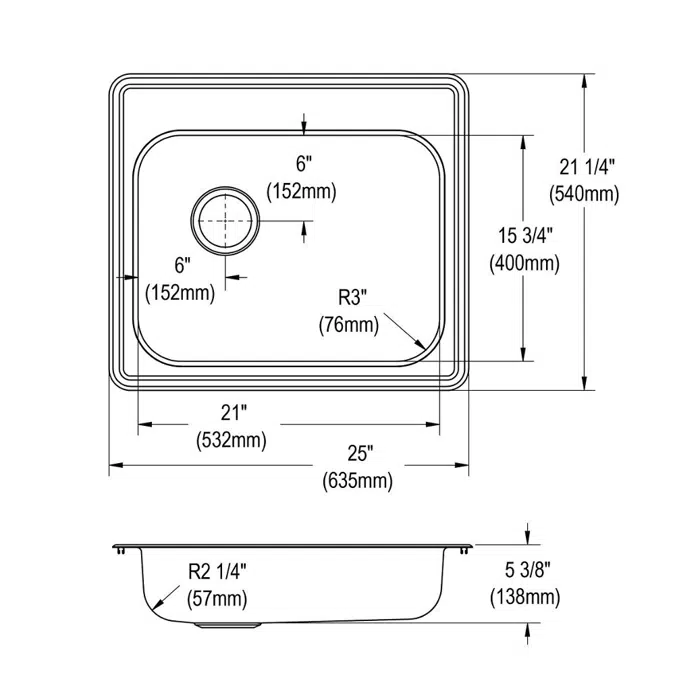 GE12521L3_4 Dayton® Stainless Steel 25" x 21-1/4" x 5-3/8" Single Bowl Drop-in Sink with Left Drain