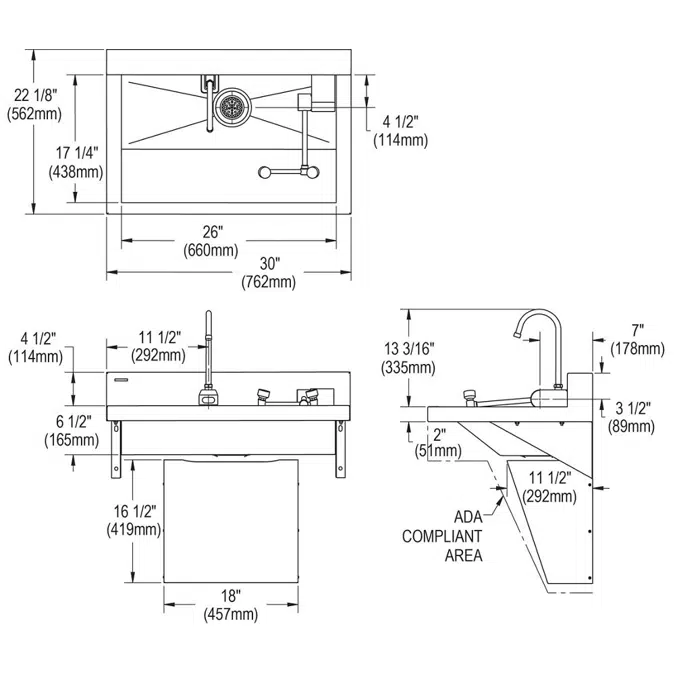 EWSF13022TW Stainless Steel 30" x 22" x 27" Wall Hung ADA Sink Enviro Kit with Eyewash + Faucet + Drain + Mixing Valve + Bluetooth