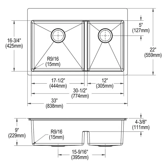 ECTSRAO33229BG1_4 Ferguson Exclusive Crosstown® 33" x 22" x 9" Stainless Steel Double Bowl Dual Mount Sink Kit w/ Aqua Divide