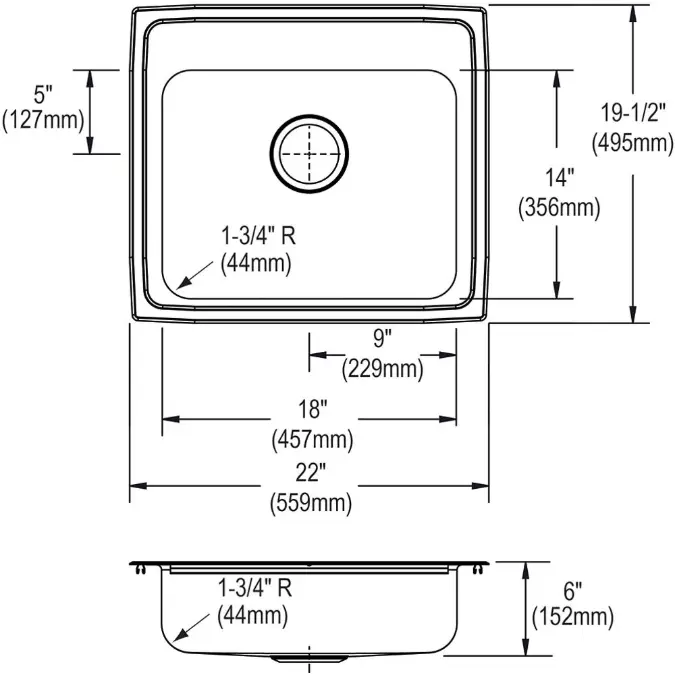 LRAD2219601_4_MR2 Elkay Lustertone® Classic Stainless Steel 22" x 19-1/2" x 6", Single Bowl Drop-in ADA Sink