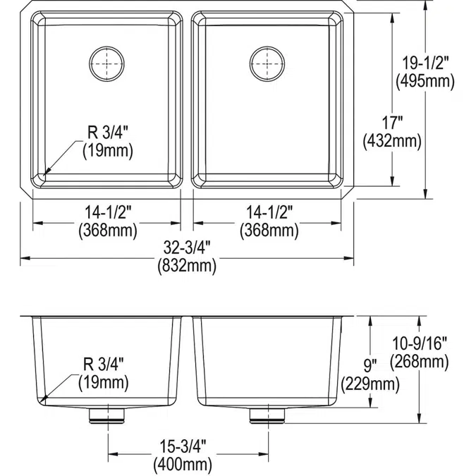 ELUHH3118TPD Lustertone Iconix® 16 Gauge Stainless Steel, 32-3/4" x 19-1/2" x 9" Double Bowl Undermount Sink with Perfect Drain®