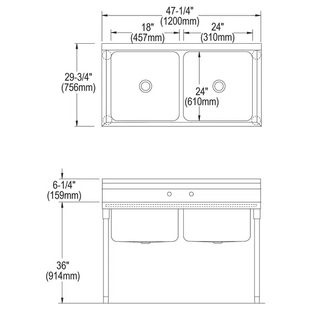 RNSF82362 Elkay Rigidbilt® Stainless Steel 47-1/4" x 29-3/4" x 12-3/4" Floor Mount Double Compartment Scullery Sink