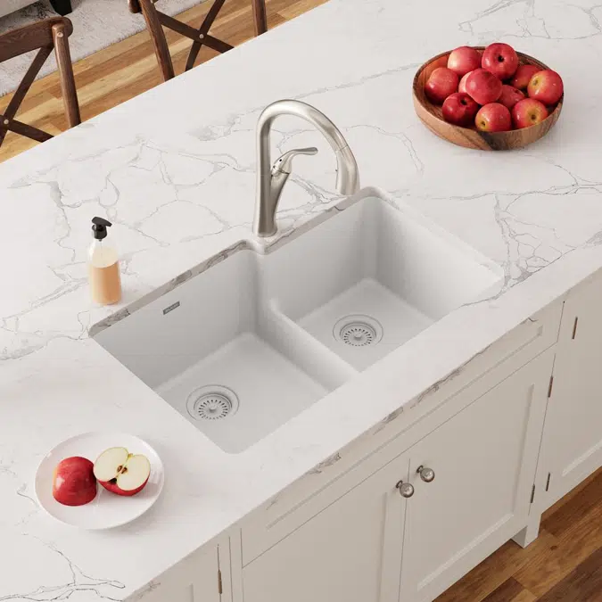 ELGULBO3322WH0 Elkay Quartz Classic® 33" x 20-1/2" x 9-1/2" Offset 60/40 Double Bowl Undermount Sink with Aqua Divide White