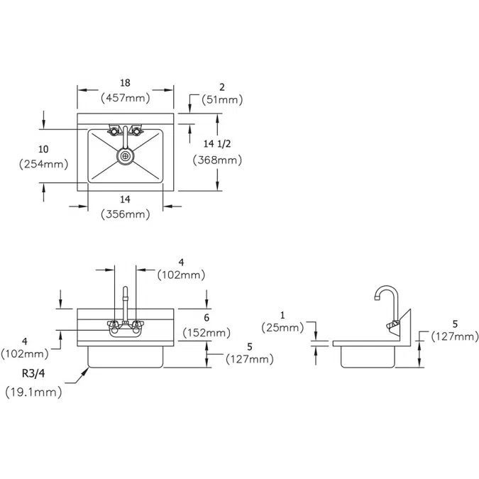 EHS-18X Elkay® Stainless Steel 18" x 14-1/2" x 11" 18 Gauge Hand Sink with Faucet