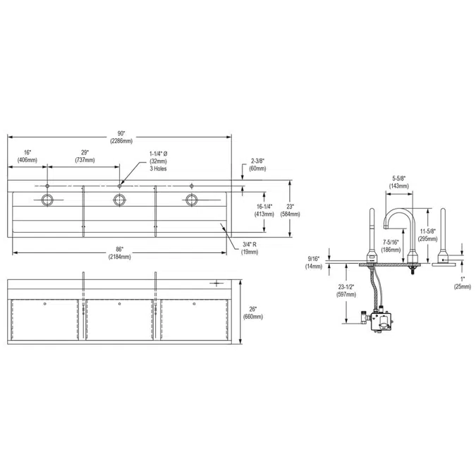 EWSF39026SACC Elkay Stainless Steel 90" x 23" x 26" Wall Hung Triple Station Surgeon Scrub Sink Kit w/Sensor Faucets+Drains