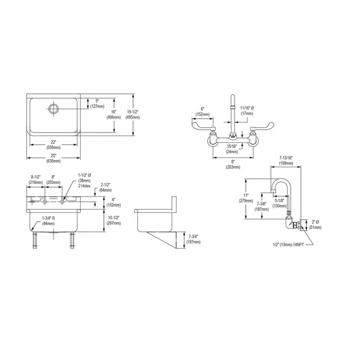 EWS2520W6C Elkay Stainless Steel 25" x 19.5" x 10-1/2" Wall Hung Single Bowl Hand Wash Sink Kit w/Faucet with 6" Wristblade Handles