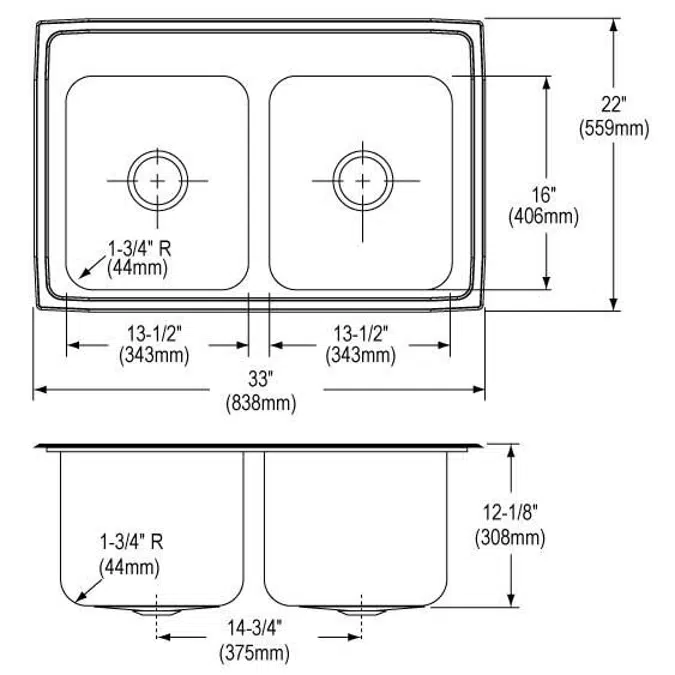 DLR3322121_5_MR2 Lustertone® Classic Stainless Steel 33" x 22" x 12-1/8" Equal Double Bowl Drop-in Sink