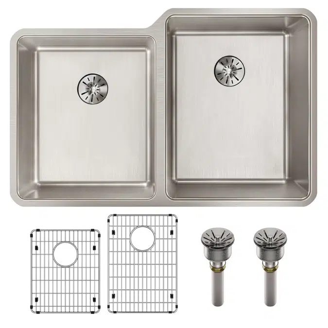 ELUHH3120LTPDBG Lustertone Iconix® 16 Gauge Stainless Steel 31-1/4" x 20-1/2" x 9" Double Bowl Undermount Sink Kit with Left Perfect Drain®