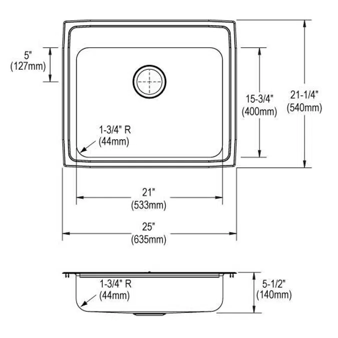 LRAD2521551_4_MR2 Lustertone® Classic Stainless Steel 25" x 21-1/4" x 5-1/2" Single Bowl Drop-in ADA Sink