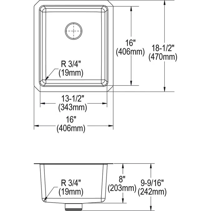 ELUHH1316TPD Lustertone Iconix® 16 Gauge Stainless Steel, 16" x 18-1/2" x 8" Single Bowl Undermount Sink with Perfect Drain®