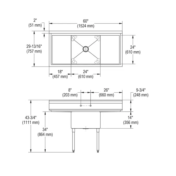 14-1C24X24-2-18X Dependabilt™ Stainless Steel 60" x 29-13/16" x 43-3/4" 16 Gauge One Compartment Sink w/ 18" Left and Right Drainboards and Stainless Steel Legs
