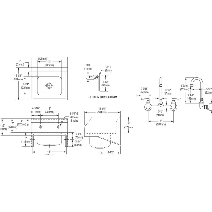 CHS1716LRSC Elkay Stainless Steel 16-3/4" x 15-1/2" x 13" Single Bowl Wall Hung Handwash Sink Kit w/Side Splashes