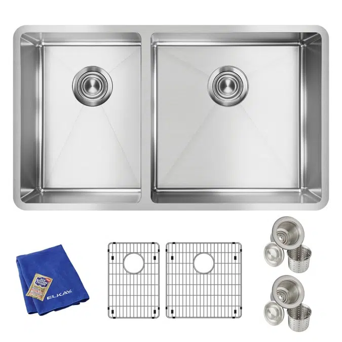 ECTRU32179LTC Crosstown® 18 Gauge Stainless Steel 31-1/2" x 18-1/2" x 9" 40/60 Double Bowl Undermount Sink Kit