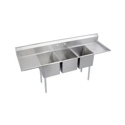 kuva kohteelle Elkay Dependabilt Stainless Steel 94" x 29-13/16" x 44-3/4" 16 Gauge Three Compartment Sink w/ 18" Left and Right Drainboards and Stainless Steel Legs