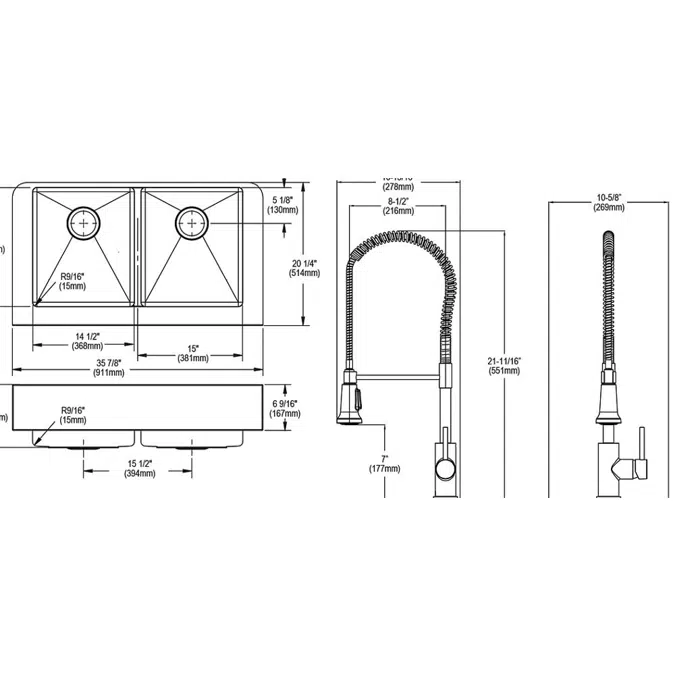 ECTRUFA32179FCC Elkay Crosstown® 18 Gauge Stainless Steel 35-7/8" x 20-1/4" x 9" Equal Double Bowl Farmhouse Sink & Faucet Kit with Aqua Divide & Drain