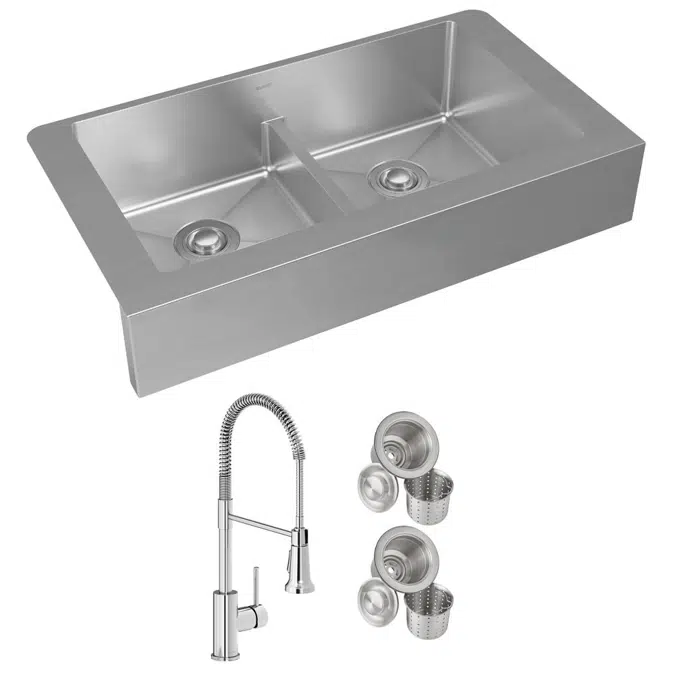 ECTRUFA32179FCC Elkay Crosstown® 18 Gauge Stainless Steel 35-7/8" x 20-1/4" x 9" Equal Double Bowl Farmhouse Sink & Faucet Kit with Aqua Divide & Drain
