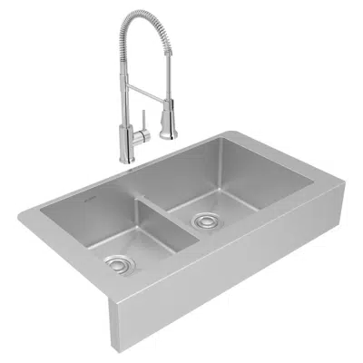 imagen para ECTRUFA32179FCC Elkay Crosstown® 18 Gauge Stainless Steel 35-7/8" x 20-1/4" x 9" Equal Double Bowl Farmhouse Sink & Faucet Kit with Aqua Divide & Drain