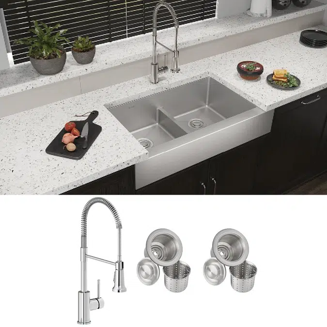 ECTRUFA32179FCC Elkay Crosstown® 18 Gauge Stainless Steel 35-7/8" x 20-1/4" x 9" Equal Double Bowl Farmhouse Sink & Faucet Kit with Aqua Divide & Drain