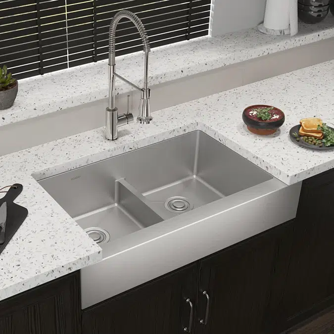 ECTRUFA32179FCC Elkay Crosstown® 18 Gauge Stainless Steel 35-7/8" x 20-1/4" x 9" Equal Double Bowl Farmhouse Sink & Faucet Kit with Aqua Divide & Drain