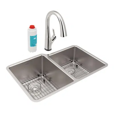 Image pour ELUH3120RTFLC Elkay Lustertone Iconix® 18 Gauge Stainless Steel 31-1/4" x 20-1/2" x 9" Double Bowl Undermount Sink Kit with Filtered Faucet