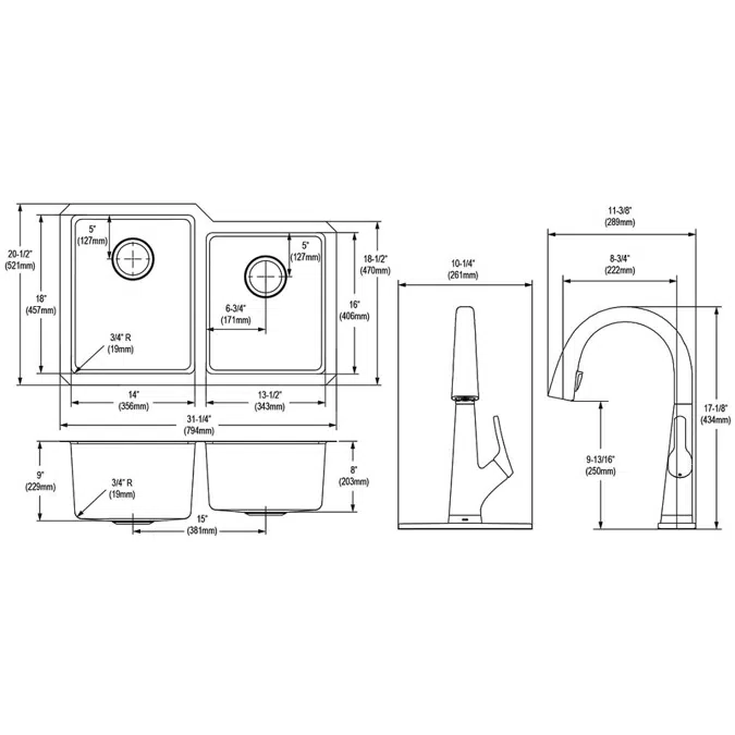 ELUH3120RTFLC Elkay Lustertone Iconix® 18 Gauge Stainless Steel 31-1/4" x 20-1/2" x 9" Double Bowl Undermount Sink Kit with Filtered Faucet