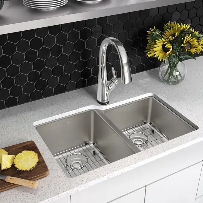 ELUH3120RTFLC Elkay Lustertone Iconix® 18 Gauge Stainless Steel 31-1/4" x 20-1/2" x 9" Double Bowl Undermount Sink Kit with Filtered Faucet