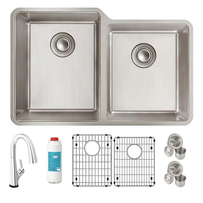 ELUH3120RTFLC Elkay Lustertone Iconix® 18 Gauge Stainless Steel 31-1/4" x 20-1/2" x 9" Double Bowl Undermount Sink Kit with Filtered Faucet