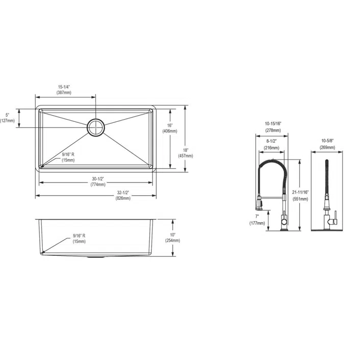 EFRU311610TFC Elkay Crosstown® 16 Gauge Stainless Steel 32-1/2" x 18" x 10" Single Bowl Undermount Sink Kit with Faucet