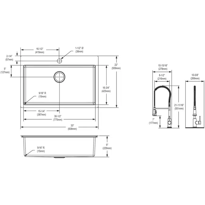 ECTSRS33229TFC Elkay Crosstown® 18 Gauge Stainless Steel 33" x 22" x 9" 1-Hole Single Bowl Dual Mount Sink Kit with Faucet