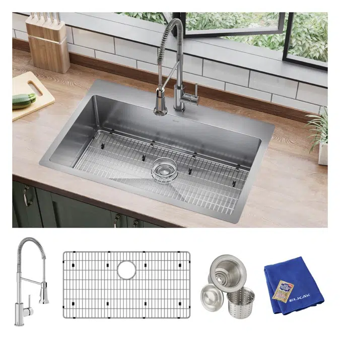 ECTSRS33229TFC Elkay Crosstown® 18 Gauge Stainless Steel 33" x 22" x 9" 1-Hole Single Bowl Dual Mount Sink Kit with Faucet