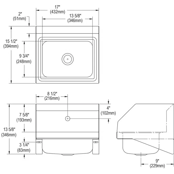 CHS1716LRS1 Elkay Stainless Steel 16-3/4" x 15-1/2" x 13" 1-Hole Single Bowl Wall Hung Handwash Sink w/Side Splashes