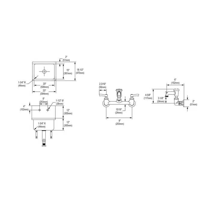 ESSB2319C Elkay Stainless Steel 23" x 18-1/2" x 12 Wall Hung Service Sink Kit w/Faucet w/3" Bucket Hook Spout and P-trap