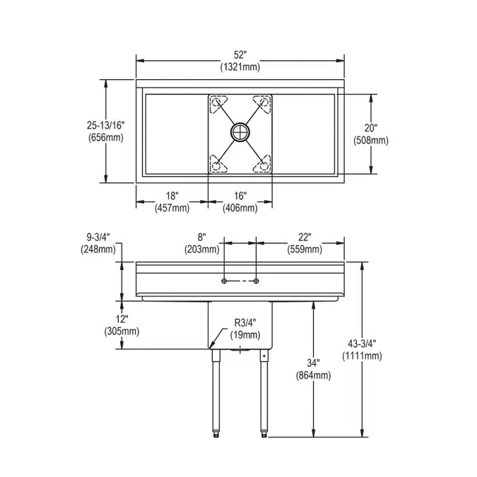 E1C16X20-2-18X Dependabilt™ Stainless Steel 52" x 25-13/16" x 43-3/4" 18 Gauge One Compartment Sink w/ 18" Left and Right Drainboards and Stainless Steel Legs