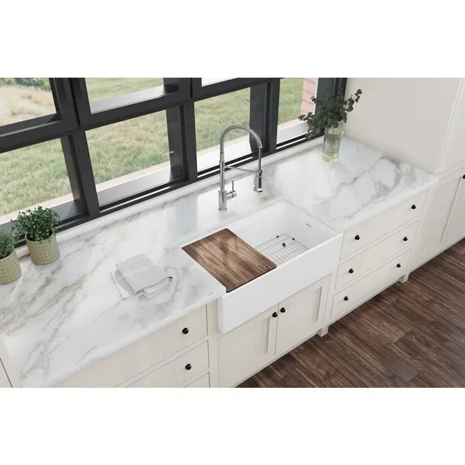 SWUF13318CBWH Fireclay 33" x 18-13/16" x 9-5/8" Single Bowl Farmhouse Workstation Sink Kit White