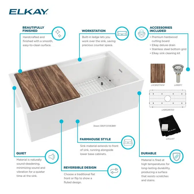 SWUF13318CBWH Fireclay 33" x 18-13/16" x 9-5/8" Single Bowl Farmhouse Workstation Sink Kit White
