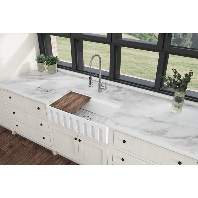 SWUF13318CBWH Fireclay 33" x 18-13/16" x 9-5/8" Single Bowl Farmhouse Workstation Sink Kit White