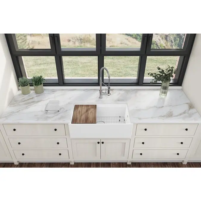 SWUF13318CBWH Fireclay 33" x 18-13/16" x 9-5/8" Single Bowl Farmhouse Workstation Sink Kit White