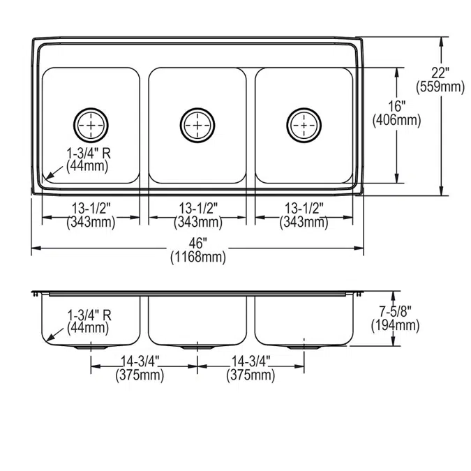 LTR46221_4_6 Lustertone® Classic Stainless Steel 46" x 22" x 7-5/8" Triple Bowl Drop-in Sink