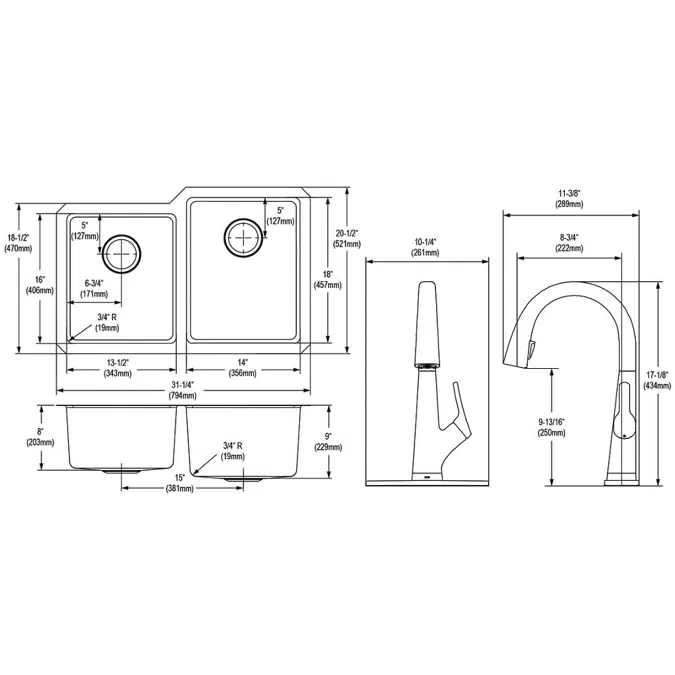 ELUH3120LTFLC Lustertone Iconix® 18 Gauge Stainless Steel 31-1/4" x 20-1/2" x 9" Offset 40/60 Bowl Undermount Sink Kit w/Filter Faucet