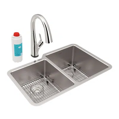 Image pour ELUH3120LTFLC Lustertone Iconix® 18 Gauge Stainless Steel 31-1/4" x 20-1/2" x 9" Offset 40/60 Bowl Undermount Sink Kit w/Filter Faucet