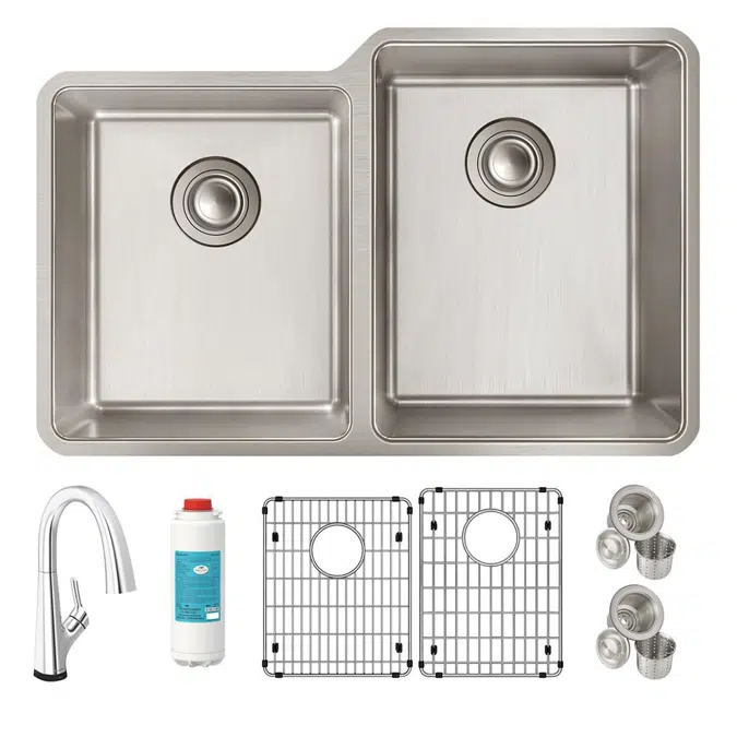 ELUH3120LTFLC Lustertone Iconix® 18 Gauge Stainless Steel 31-1/4" x 20-1/2" x 9" Offset 40/60 Bowl Undermount Sink Kit w/Filter Faucet