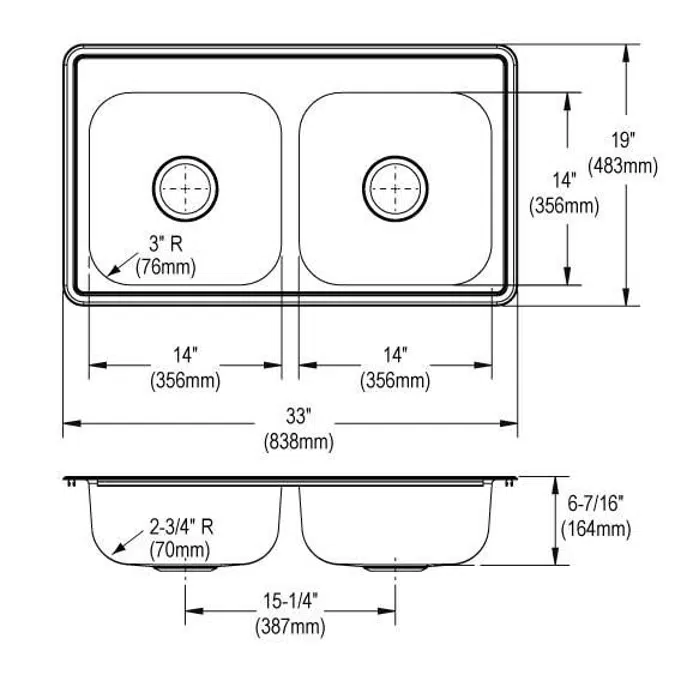 D233191_5_MR2 Dayton® Stainless Steel 33" x 19" x 6-7/16" Equal Double Bowl Drop-in Sink