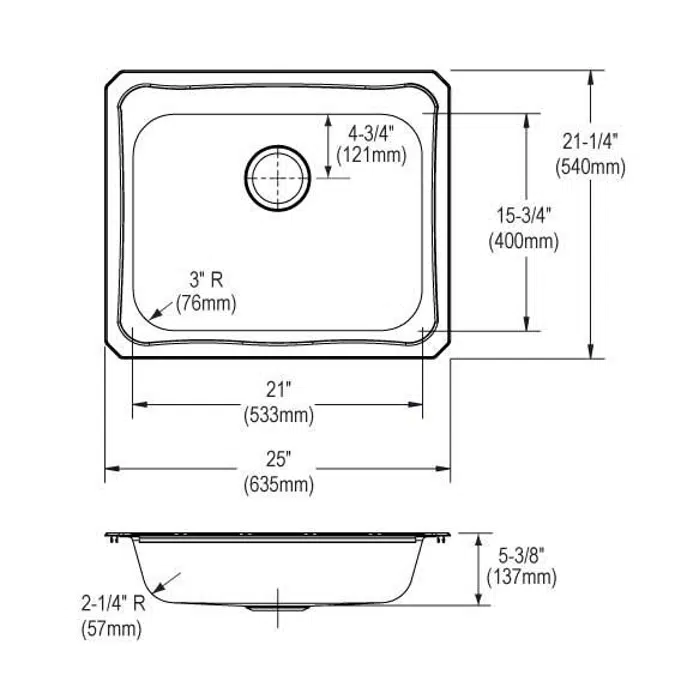 GECR25211_4 Celebrity® Stainless Steel 25" x 21-1/4" x 5-3/8" Single Bowl Drop-in Sink